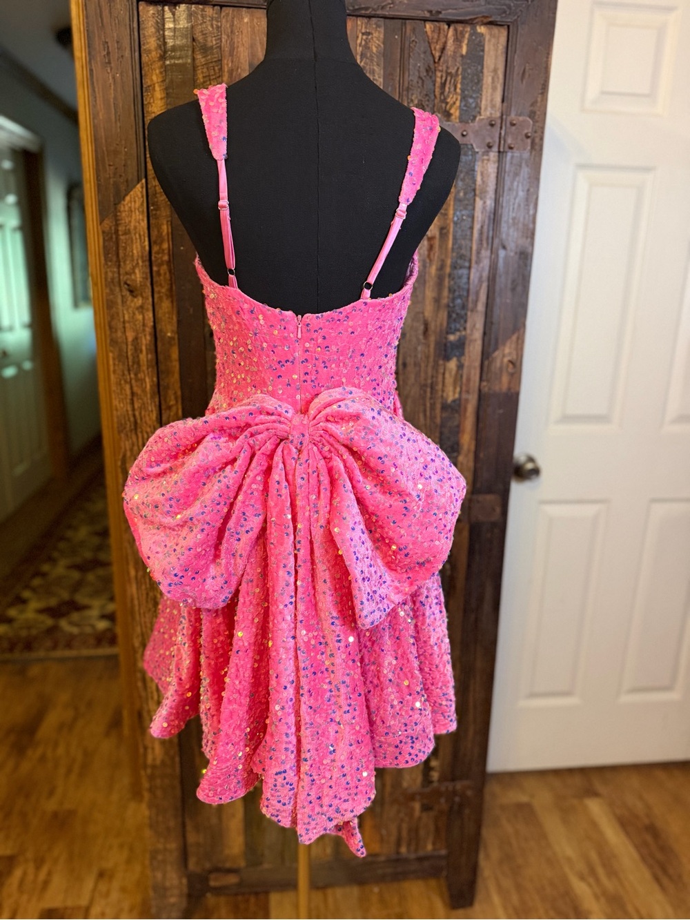 Pink Sequin Mini Dress XS Fit & Flare Huge Bow Back Party Prom HoCo barbiecore